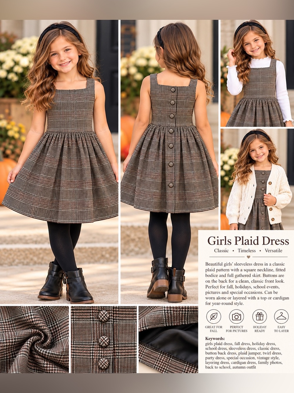 Polo Ralph Lauren Brown Plaid Button Back Dress Girls Size 14.
